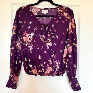 Francesca’s Floral Wine Wrap Blouse with Fitted Sleeves